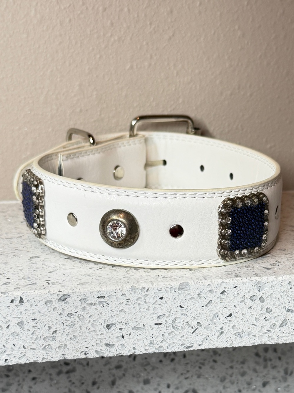 Hand Crafted White Leather Dog Collar Navy Bead Accents and Rhinestones NWOT